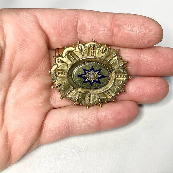 Victorian Locket Brooch Enamel Half Pearl Gold Filled Hair Mourning Locket - Picture 8 of 8